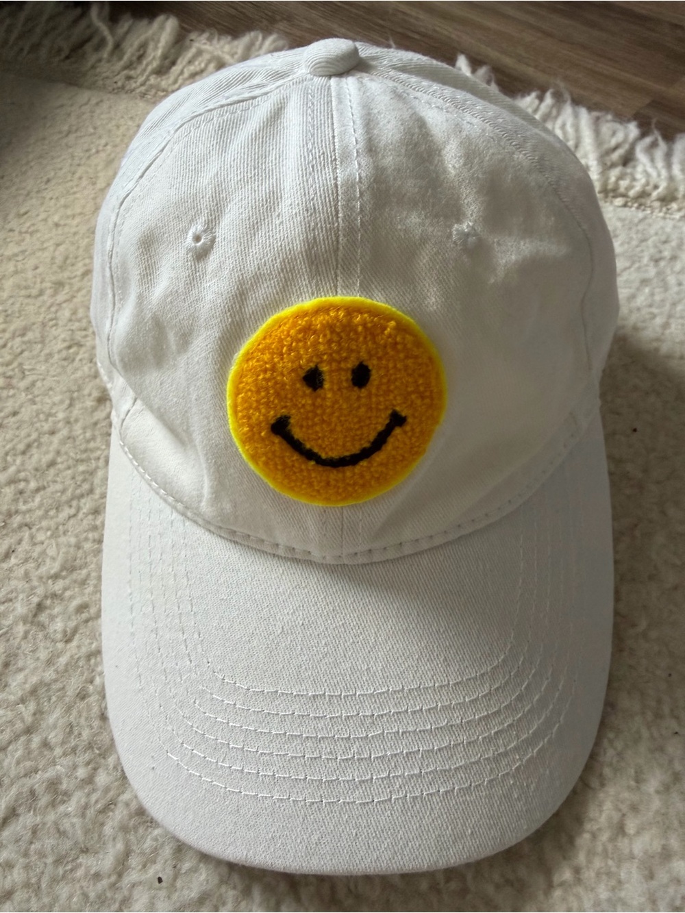 White Baseball Cap Hat with 3D Yellow Smiley Patch